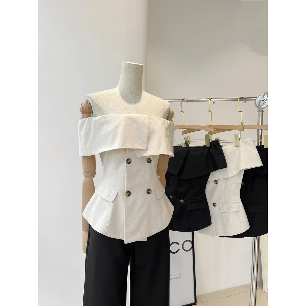 Áo Linen Trễ Vai Nắp Túi Phối Nút Công Sở / Đi Tiệc Sang Trọng Màu Đen / Nude