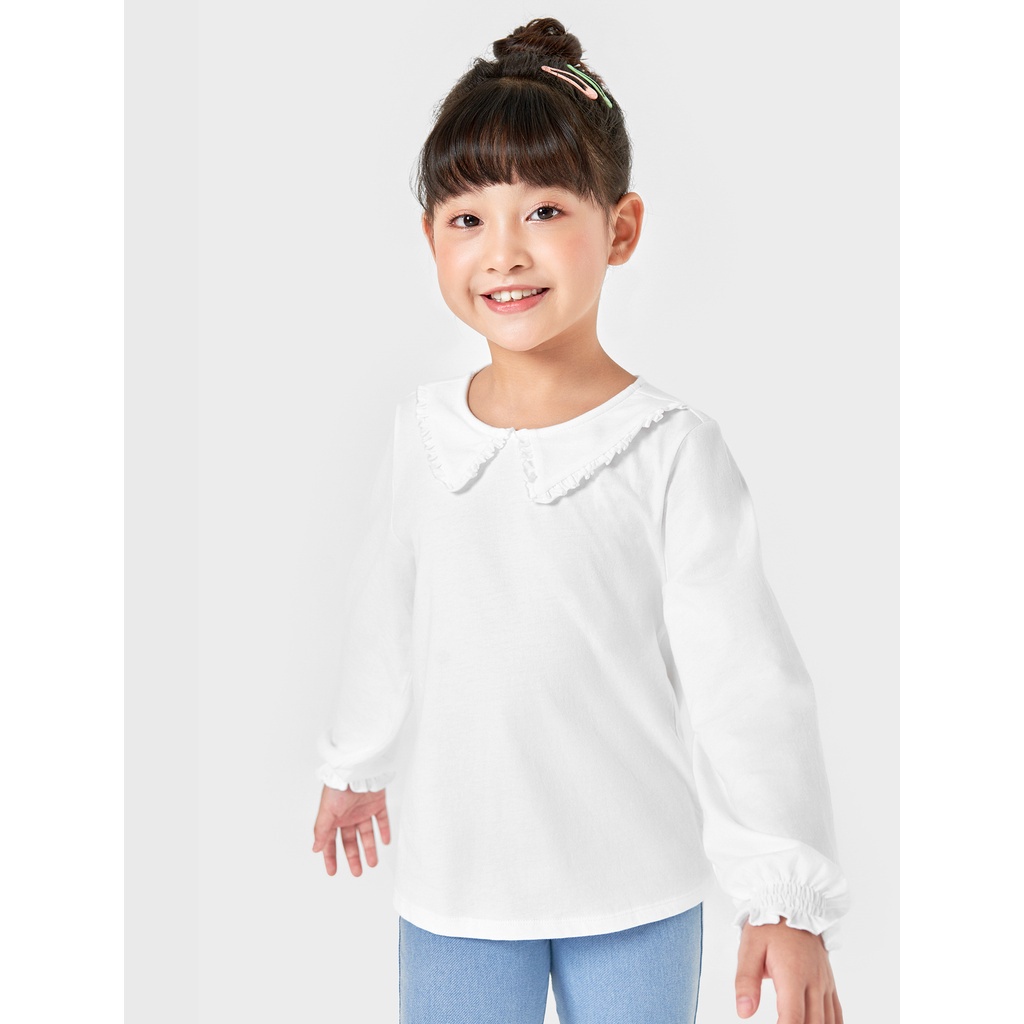 Áo phông bé gái CANIFA dài tay cotton cổ bẻ màu tím trắng 1TL22W012