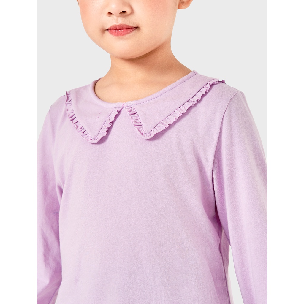 Áo phông bé gái CANIFA dài tay cotton cổ bẻ màu tím trắng 1TL22W012
