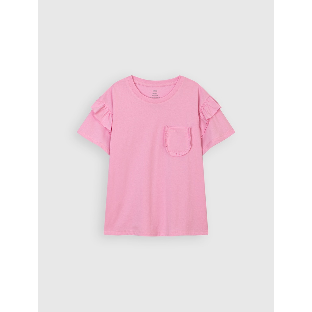Áo phông bé gái CANIFA cotton 100% trơn cổ tròn cộc tay nhún bèo nhiều màu hồng trắng xanh - 1TS21W001