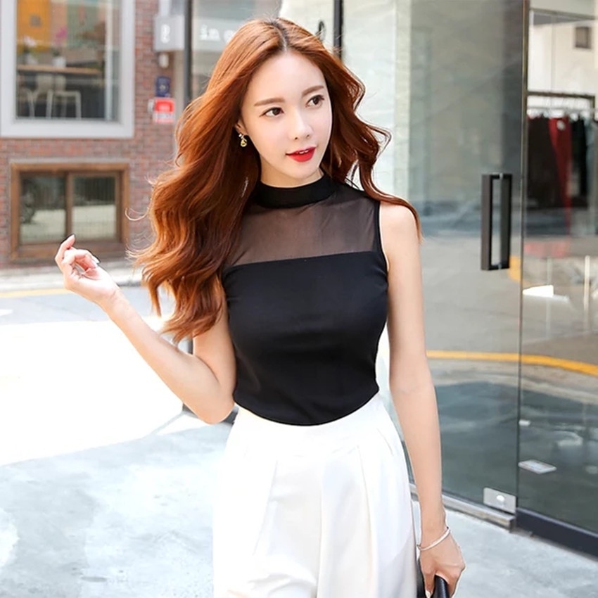 Áo Thun Sát Nách 20% Dáng Ôm Phối Lưới Thời Trang Mùa Hè Quyến Rũ Cho Nữ