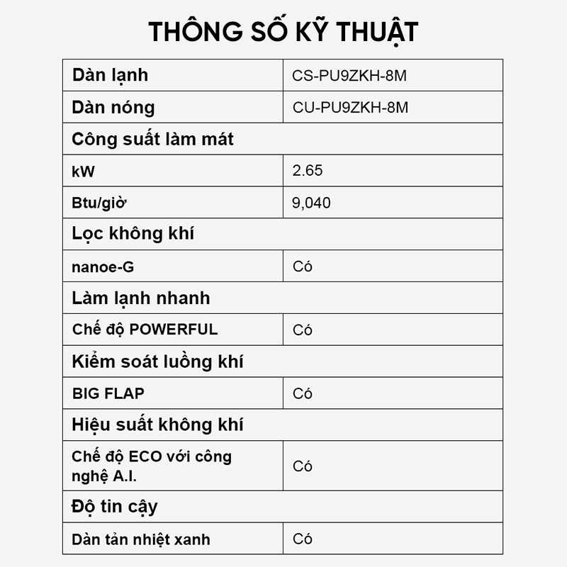 Máy lạnh/Điều hòa Panasonic CU/CS-PU9ZKH-8M - Công suất 1HP - Một chiều - Inverter