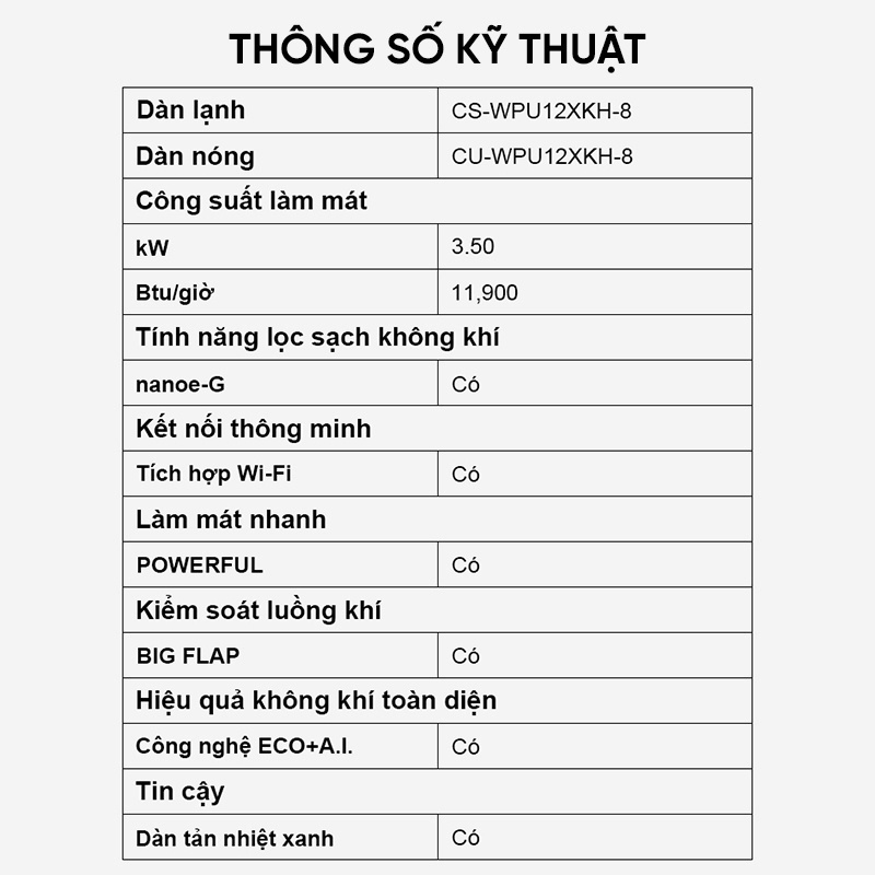 Máy lạnh Panasonic CU/CS-WPU12XKH-8 - Một chiều - Inverter tích hợp kết nối wifi