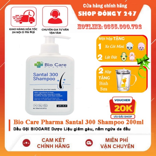 Chính hãng Bio Care Pharma Santal 300 Shampoo 200ml + Qùa tặng - Dầu Gội Dược Liệu giảm gàu, nấm ngứa da đầu