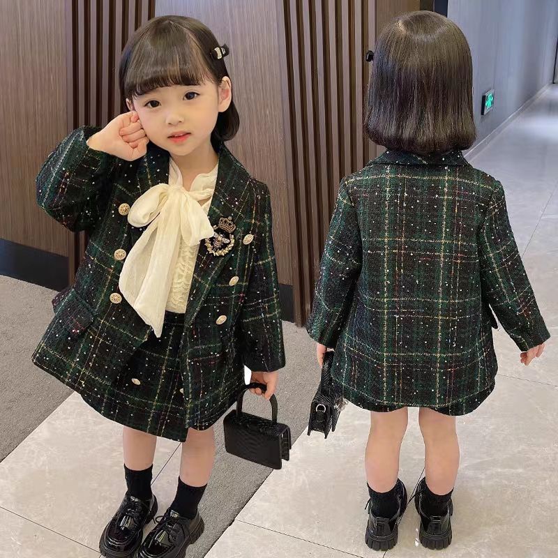 Set dạ 3 chi tiết áo vest dạ xanh đính khuy+chân váy chữ A+áo sơ mi đũi tiểu thư, set dạ tweed phòng cách Hàn cho bé gái