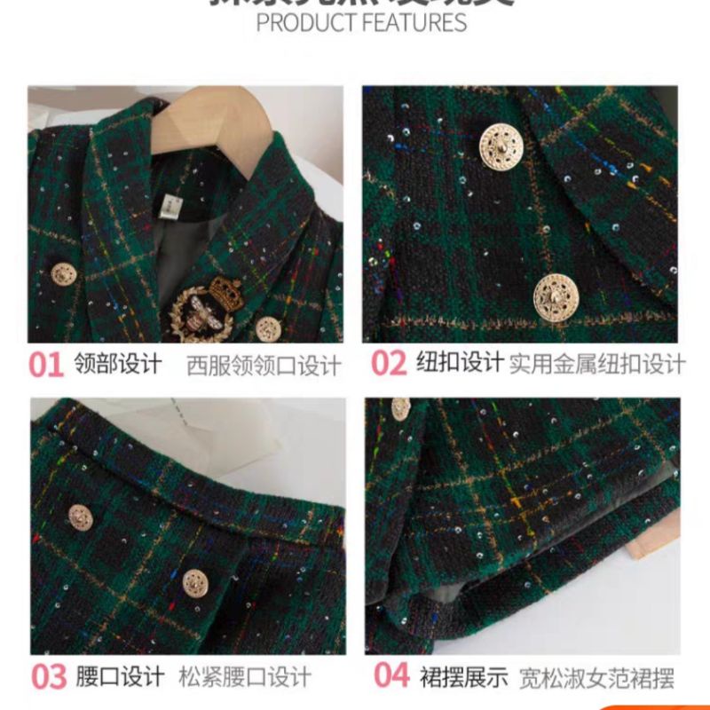 Set dạ 3 chi tiết áo vest dạ xanh đính khuy+chân váy chữ A+áo sơ mi đũi tiểu thư, set dạ tweed phòng cách Hàn cho bé gái