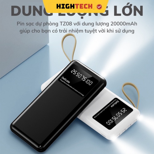 Sạc Dự Phòng dung lượng 20000mah TZ08 Chính hãng , Tích Hợp 4 Dây Sạc, Sạc Không Nóng Máy, Bảo Hành 12 Tháng TECHHIGH