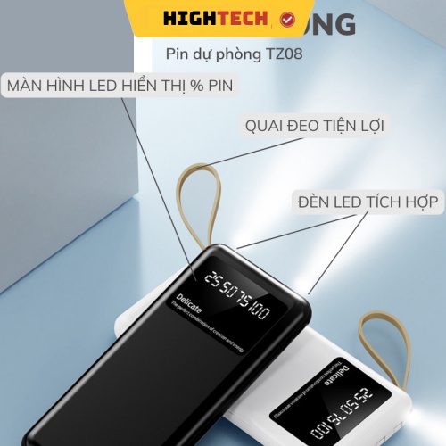 Sạc Dự Phòng dung lượng 20000mah TZ08 Chính hãng , Tích Hợp 4 Dây Sạc, Sạc Không Nóng Máy, Bảo Hành 12 Tháng TECHHIGH