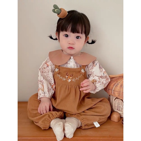 Set yếm nhung tăm mix áo sơ mi đũi hoa vintage cực yêu cho bé gái