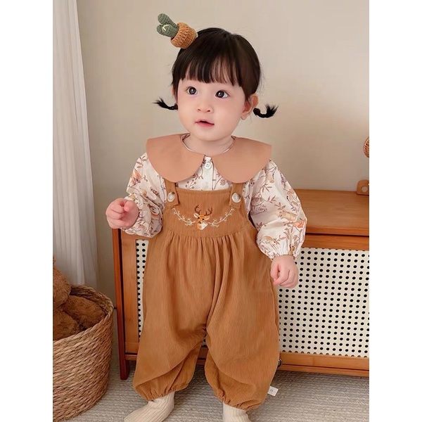 Set yếm nhung tăm mix áo sơ mi đũi hoa vintage cực yêu cho bé gái