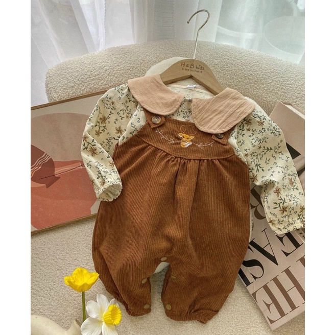 Set yếm nhung tăm mix áo sơ mi đũi hoa vintage cực yêu cho bé gái