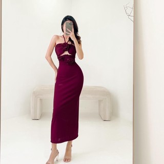 Đầm cổ yếm phối hoa Nadeem Dress AIME STUDIO nữ [FREESHIP] Váy dáng dài ôm body quyến rũ HOT