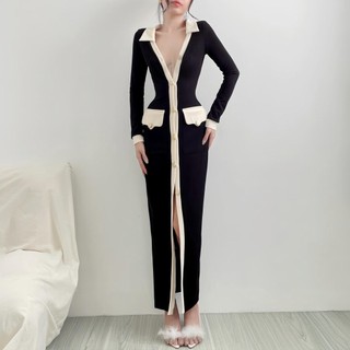 Đầm dáng áo khoác dáng dài ôm body Bomi Long Coat AIME STUDIO nữ [FREESHIP] Váy tay dài đính cúc xẻ tà quyến rũ HOT