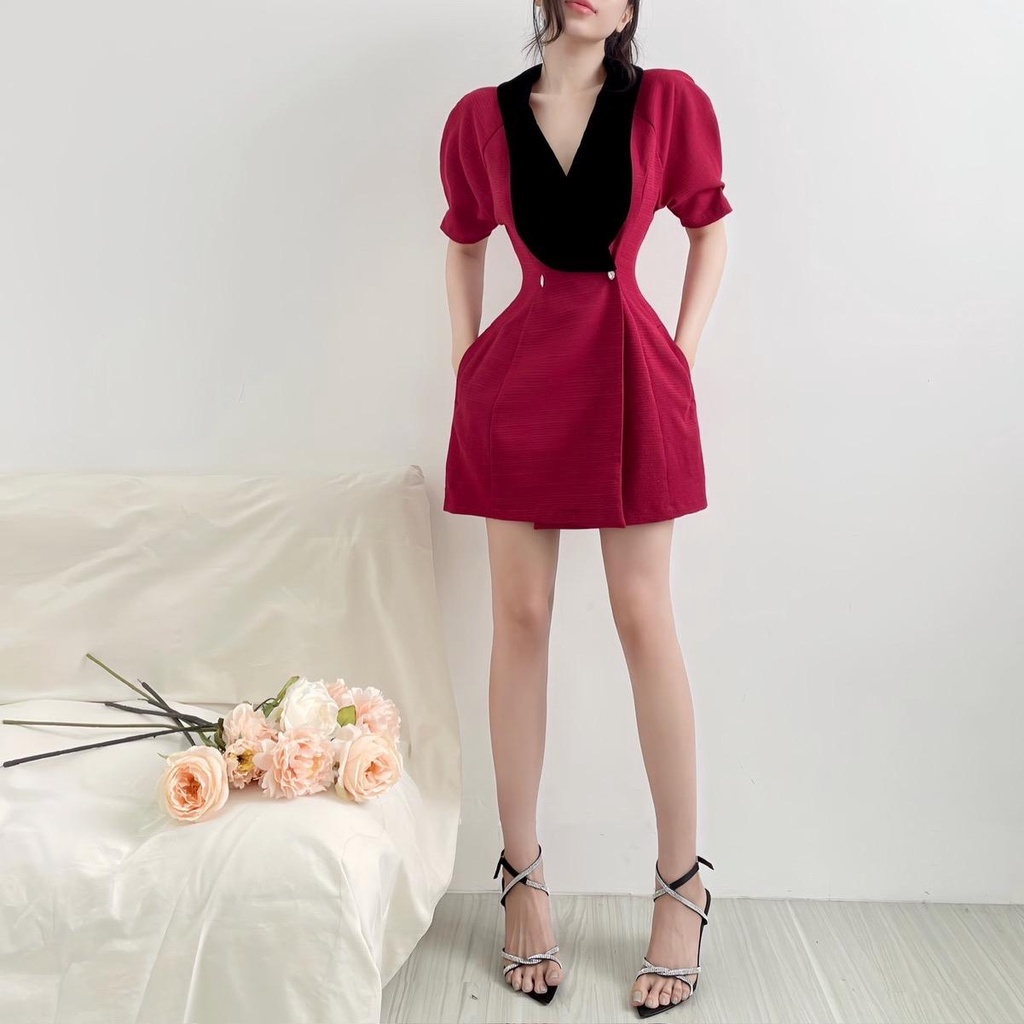 Đầm dáng vest tay bồng lửng Melanie Dress AIME nữ  Váy ngắn xoè đính cúc đá sang trọng, quyến rũ HOT
