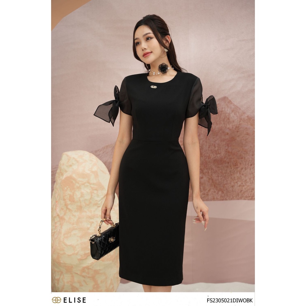 Đầm đen phối tay tơ đính hoa thiết kế Elise FS2305021DIWOBK