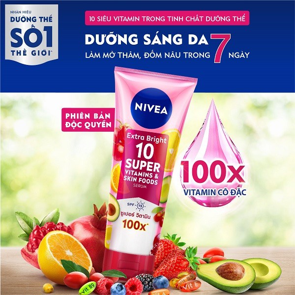 Serum Dưỡng Thể NIVEA 10 Super Vitamins Sáng Da | Mờ Thâm & Đốm Nâu Sau 7 Ngày (180 ml)