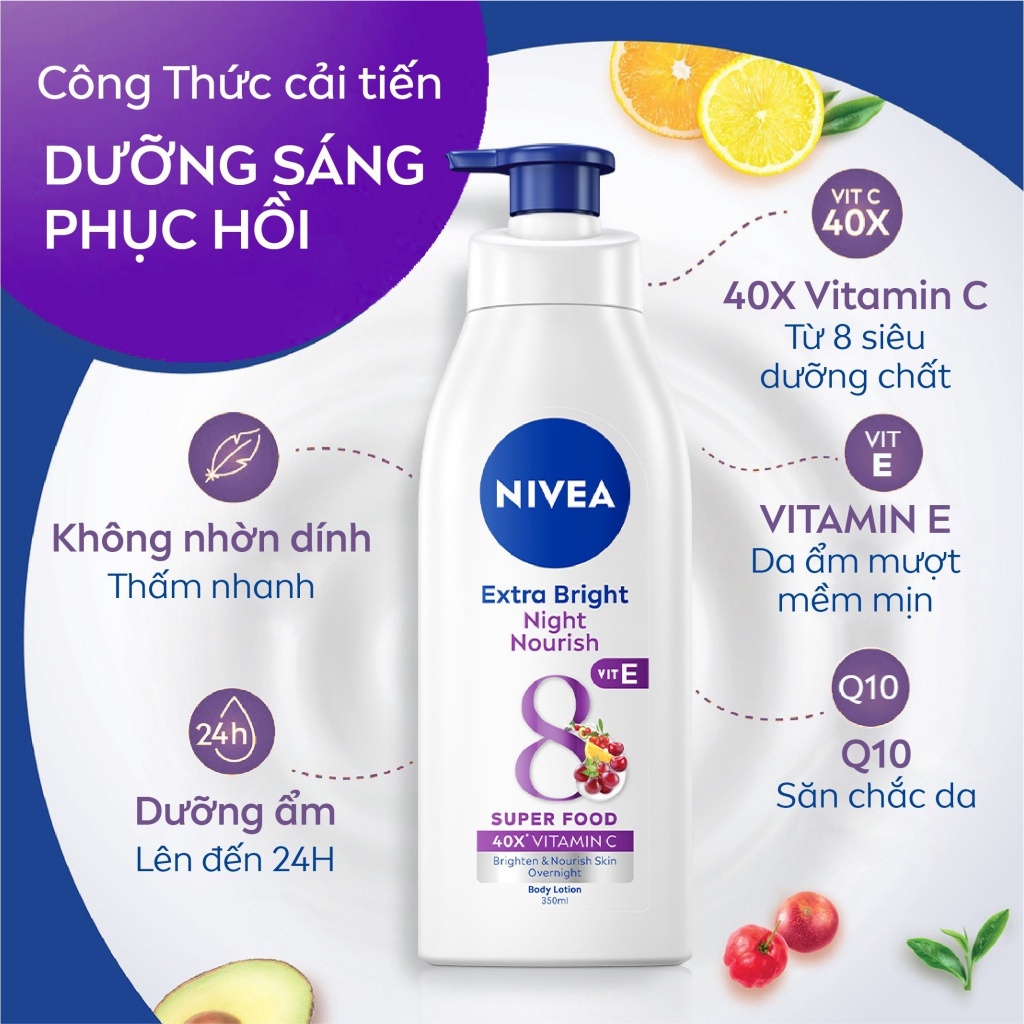 Sữa Dưỡng Thể NIVEA Sáng Da Ban Đêm từ 8 Super Foods (350 ml) – 98412