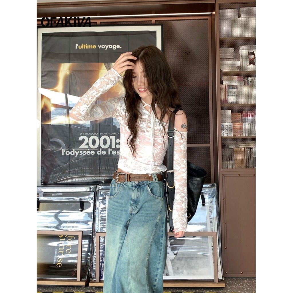 Áo Kiểu Tay Dài Phối Ren Thời Trang Mùa Thu Hàn Quốc Cho Nữ