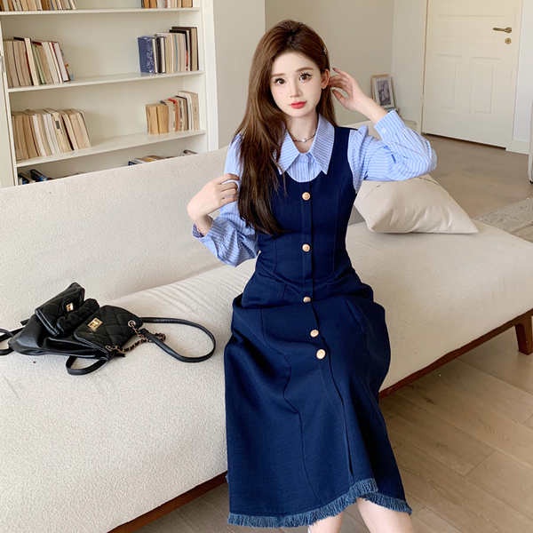 Đầm Sơ Mi Dài Tay Giả Hai Lớp Họa Tiết Kẻ Sọc Thời Trang Thu Đông Kiểu Mới Cho Nữ