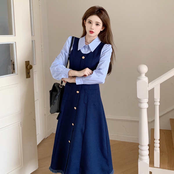 Đầm Sơ Mi Dài Tay Giả Hai Lớp Họa Tiết Kẻ Sọc Thời Trang Thu Đông Kiểu Mới Cho Nữ