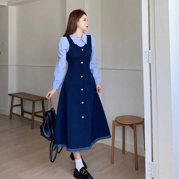 Đầm Sơ Mi Dài Tay Giả Hai Lớp Họa Tiết Kẻ Sọc Thời Trang Thu Đông Kiểu Mới Cho Nữ