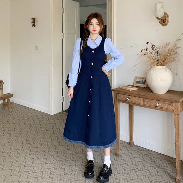 Đầm Sơ Mi Dài Tay Giả Hai Lớp Họa Tiết Kẻ Sọc Thời Trang Thu Đông Kiểu Mới Cho Nữ