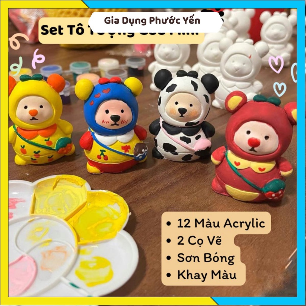 Set 10 Tô Tượng Thạch Cao Gấu Mini Nhật Bản - Kuromi - Stitch Hoat Hình 3D- Tặng kèm màu, dụng cụ vẽ