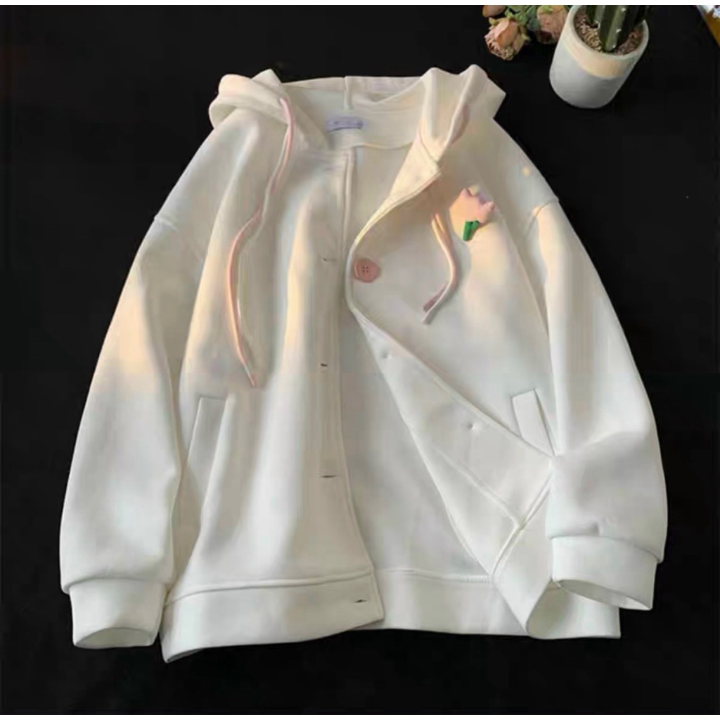 Áo Khoác Hoodie Zip Nỉ Trơn Phối Hoa Cực Dễ Thương Cúc Gài Form Rộng Nam Nữ Ulzzang Unisex Có Túi Tr