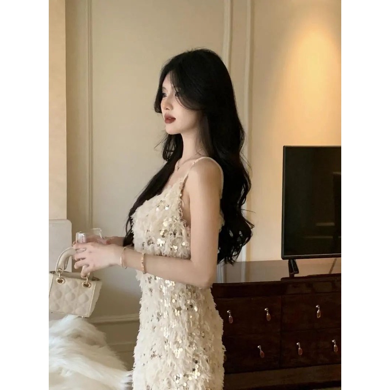 Đầm Dài Dáng Chữ a Cổ Chữ v Đính Kim Sa Ngọt Ngào Thời Trang Mùa Xuân Cao Cấp Dành Cho Bạn Nữ