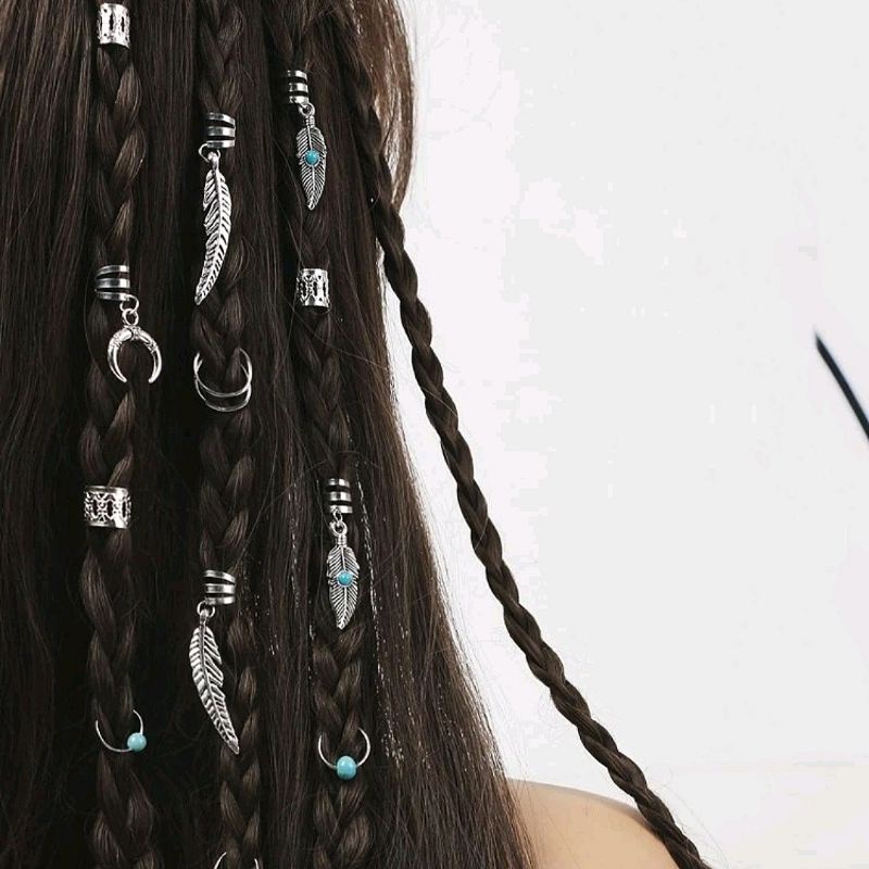 Set 31 Nẹp Cài Tóc Dreadlock Đính Charm Lông Vũ Đá Ngọc Lam Bohemian, Gypsy