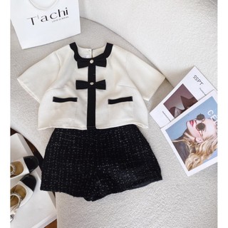 Set áo croptop dạ tag nơ đen short dạ đen