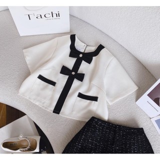Set áo croptop dạ tag nơ đen short dạ đen