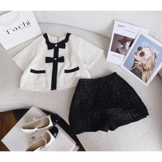 Set áo croptop dạ tag nơ đen short dạ đen