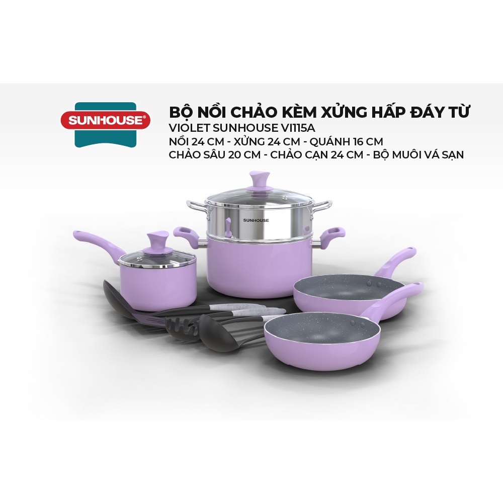 Bộ nồi chảo kèm xửng hấp đáy từ Violet SUNHOUSE Bảo hành 12 tháng - Hàng Chính Hãng