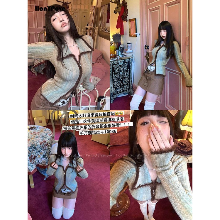 Honypove Áo Khoác cardigan Dệt Kim Màu Sắc gradient Phong Cách retro Dành Cho Nữ
