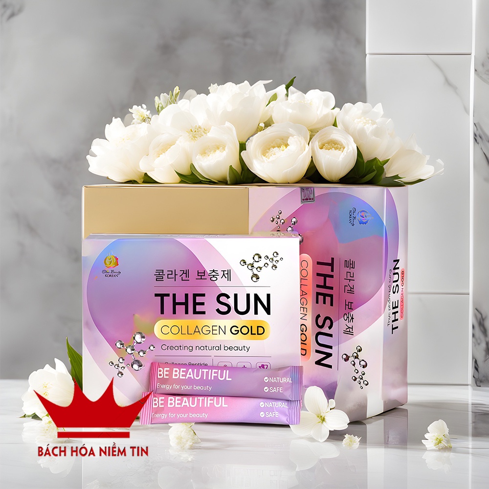 Cốm The Sun Collagen , glutathione, vitamin C giúp da căng mịn, tăng đàn hồi, duy trì độ ẩm da, giúp da sáng mịn