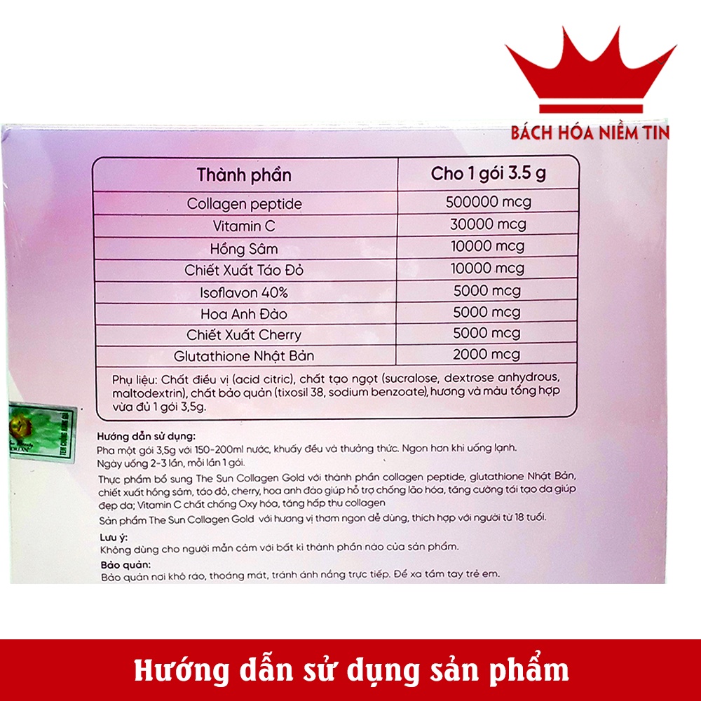 Cốm The Sun Collagen , glutathione, vitamin C giúp da căng mịn, tăng đàn hồi, duy trì độ ẩm da, giúp da sáng mịn
