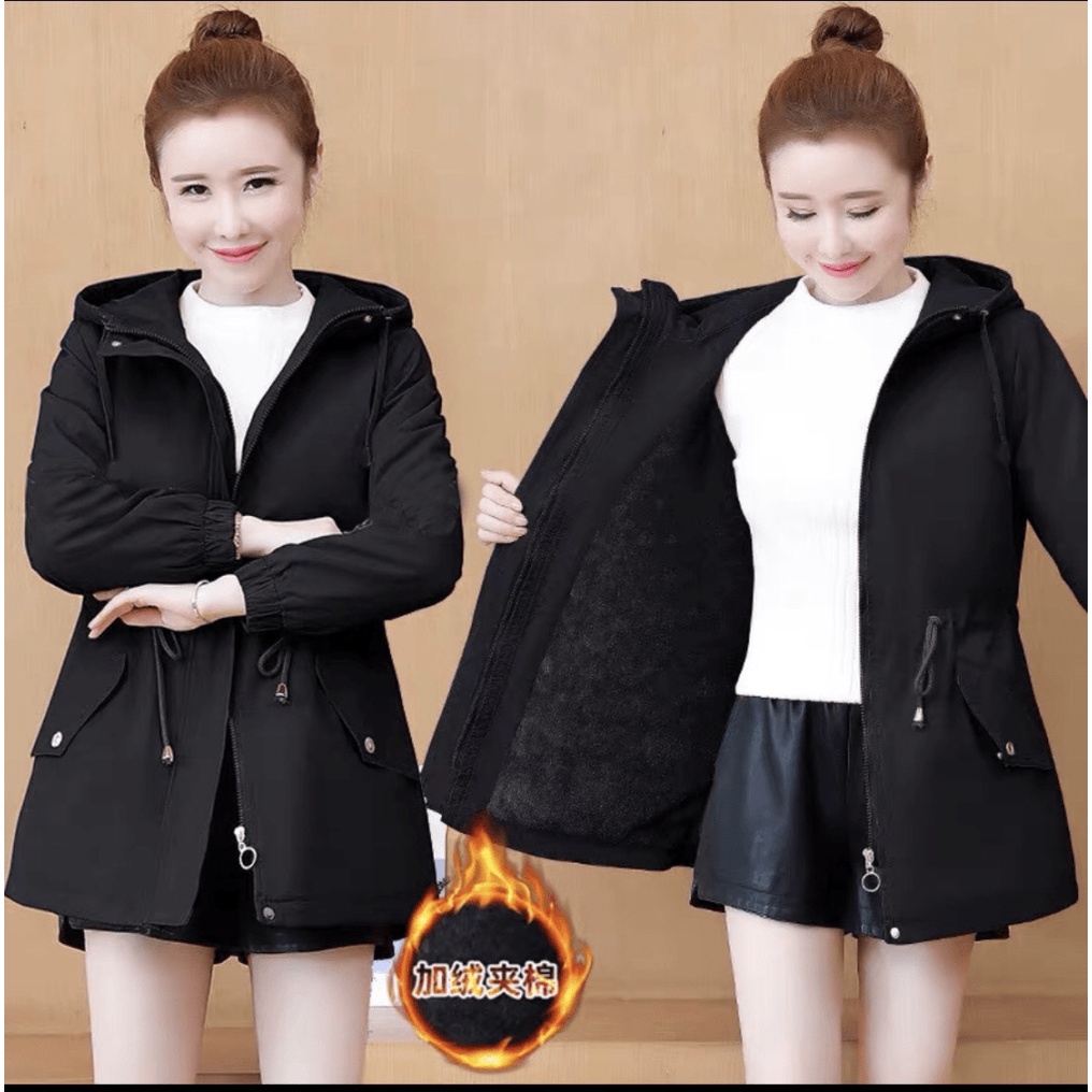 Áo Khoác Kaki Lót Lông Nữ Dáng Dài Thắt Dây Eo Có Nón Mặc Ấm alo_shop
