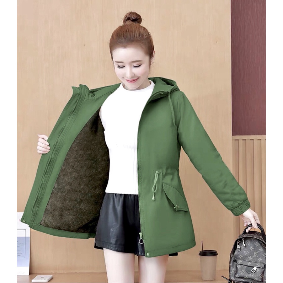 Áo Khoác Kaki Lót Lông Nữ Dáng Dài Thắt Dây Eo Có Nón Mặc Ấm alo_shop