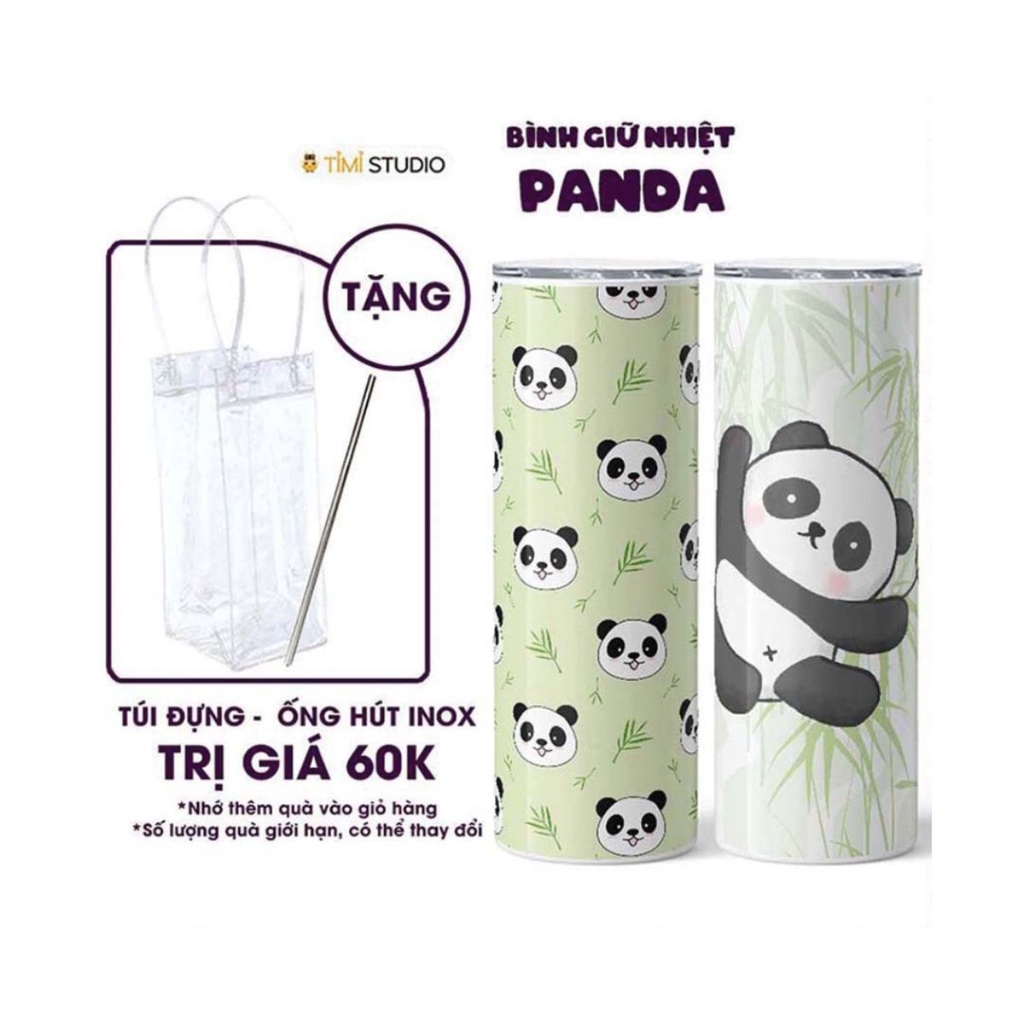 Ly Giữ Nhiệt Gấu Trúc Panda - 600ml - Inox 304 - Tặng Túi Đựng + Ống Hút Inox - Tỉ Mỉ Studio