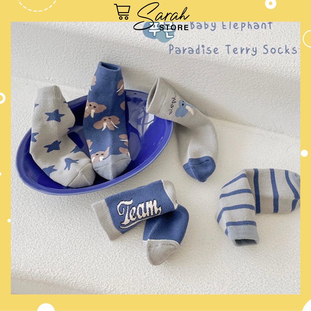 Set 5 đôi tất cotton voi xanh bé trai , gái sợi bông mềm mại thoáng khi khử mùi te11