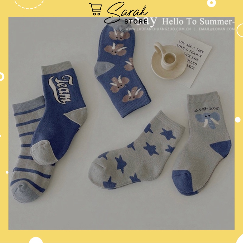 Set 5 đôi tất cotton voi xanh bé trai , gái sợi bông mềm mại thoáng khi khử mùi te11