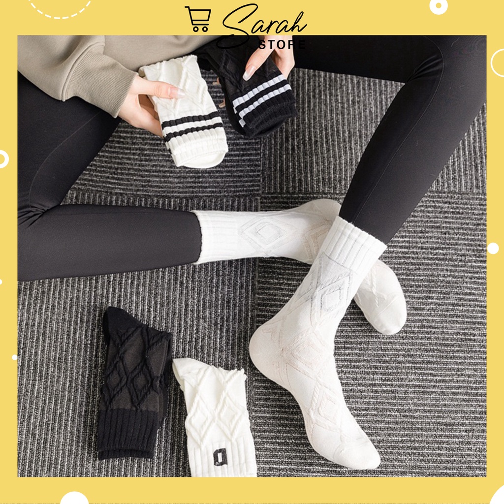 Set 5 Đôi Tất Nữ Cổ Cao Gân Kẻ Chữ D Phong Cách Hàn Quốc tt24