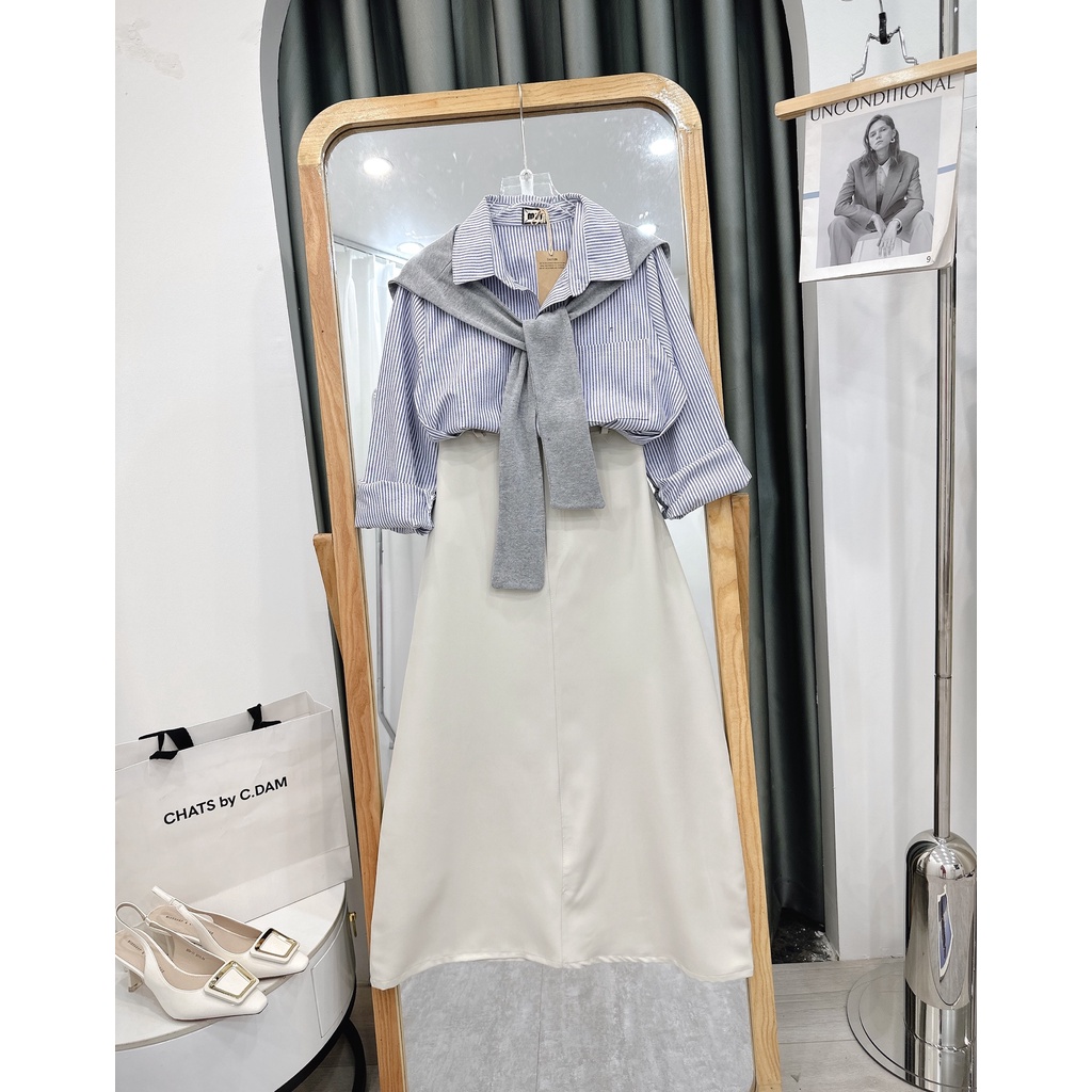 :  Sét áo kẻ thuỷ thủ kèm  khăn mix chân váy Umi dài phong cách hàn xẻng  LOLLAYE