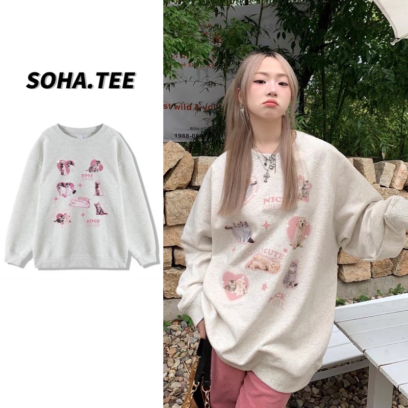 ÁO SWEATER NỈ BÔNG NỮ “NICE CUTE” MÀU HỒNG, ÁO NỈ DÀI TAY MÀU XÁM TIÊU LÓT BÔNG DÀY DẶN FORM RỘNG NAM NỮ