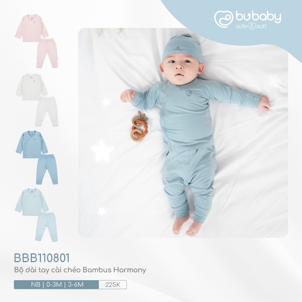 Bộ Quần Áo Sơ Sinh Bé Trai, Bé Gái Dài Tay Cài Chéo Bambus Harmony Bu Baby Bình Dương