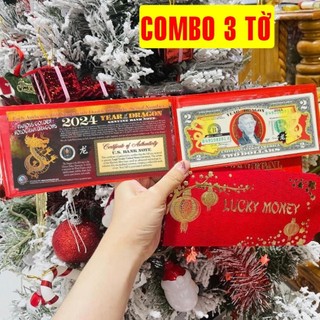 Combo 3 tờ 2 usd, đô mạ vàng hình rồng tết giáp thìn 2024, làm quà tặng, đầy đủ phụ kiện