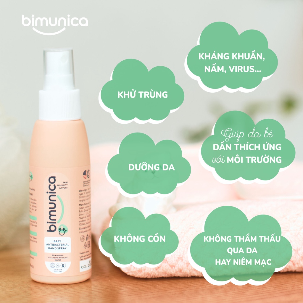 Bộ 3 Bimunica Xịt Rửa Tay Khô, Xịt Chống Hăm, Dung Dịch Vệ Sinh Bé Gái - Từ 0+ Không Cồn, Không Xà Phòng