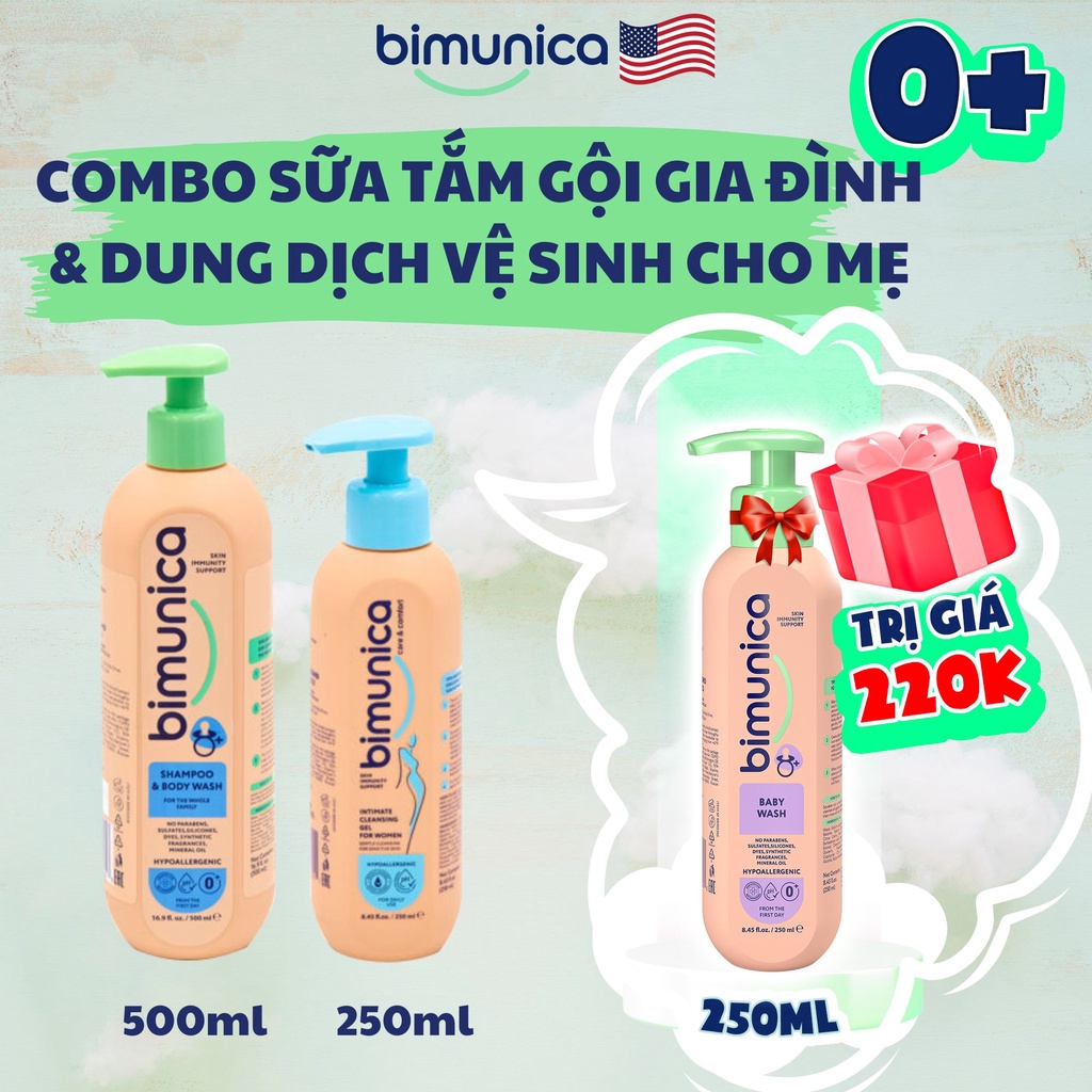 Combo Sữa Tắm Gội Và Dung Dịch Vệ Sinh BIMUNICA Dành Mẹ - Cân bằng pH, Bù Ẩm, Không Xà Phòng