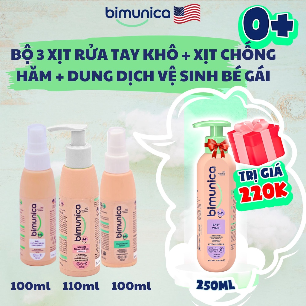 Bộ 3 Bimunica Xịt Rửa Tay Khô, Xịt Chống Hăm, Dung Dịch Vệ Sinh Bé Gái - Từ 0+ Không Cồn, Không Xà Phòng